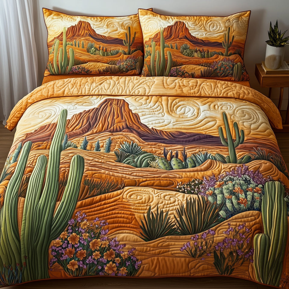Arizona Mesa Desert quilted bedding set, quilt and two pillow shams on a made bed