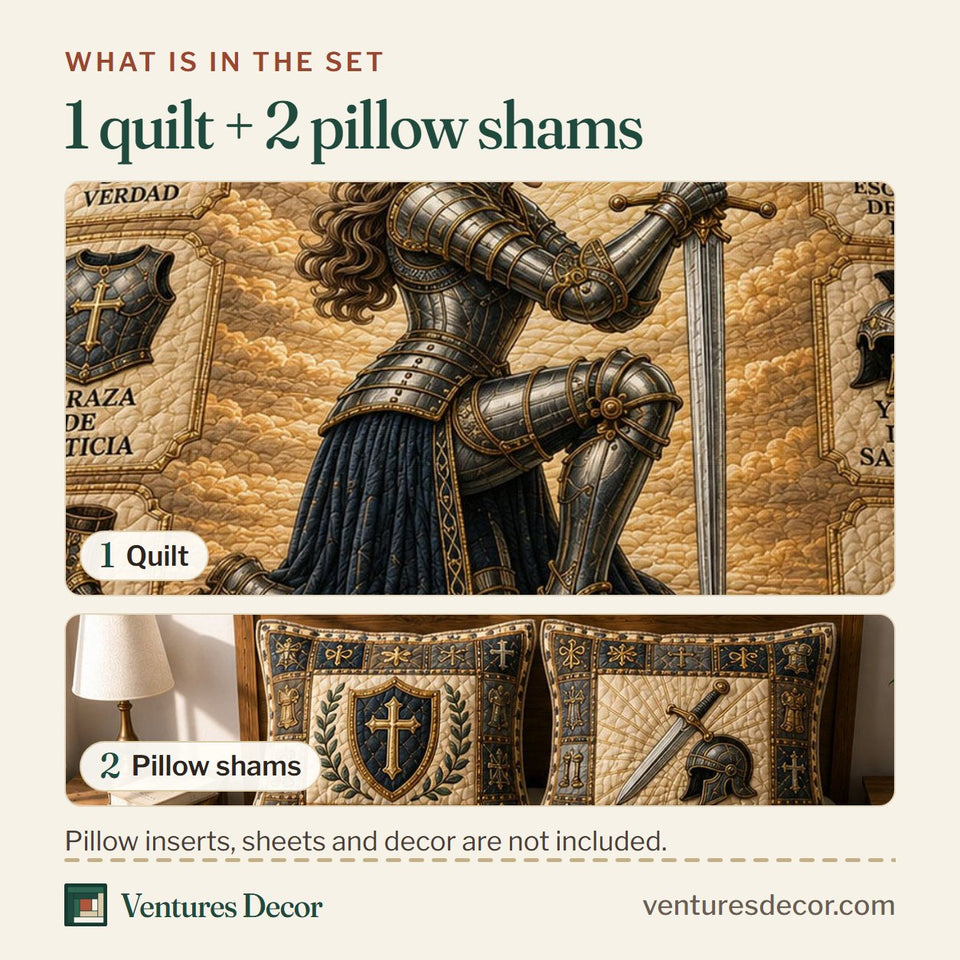 What is in the set: one quilt and two pillow shams, shown in the Armadura de Dios design