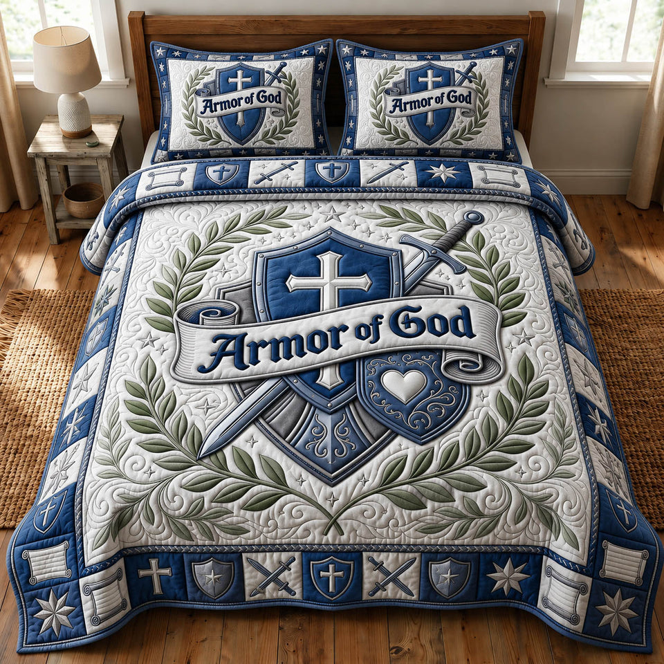 Armor Of God Blue Laurel Wreath Banner quilted bedding set, quilt and two pillow shams on a made bed
