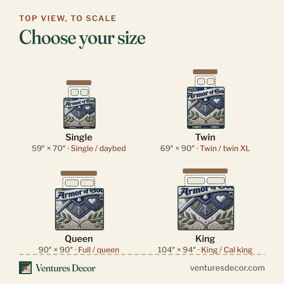 Size guide for the Armor Of God Blue Laurel Wreath Banner quilt, top view to scale: Single 59 x 70 in, Twin 69 x 90 in, Queen 90 x 90 in, King 104 x 94 in