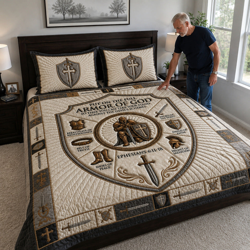 Armor Of God Cream Oval with a Praying Knight quilted bedding set, another view of the printed design