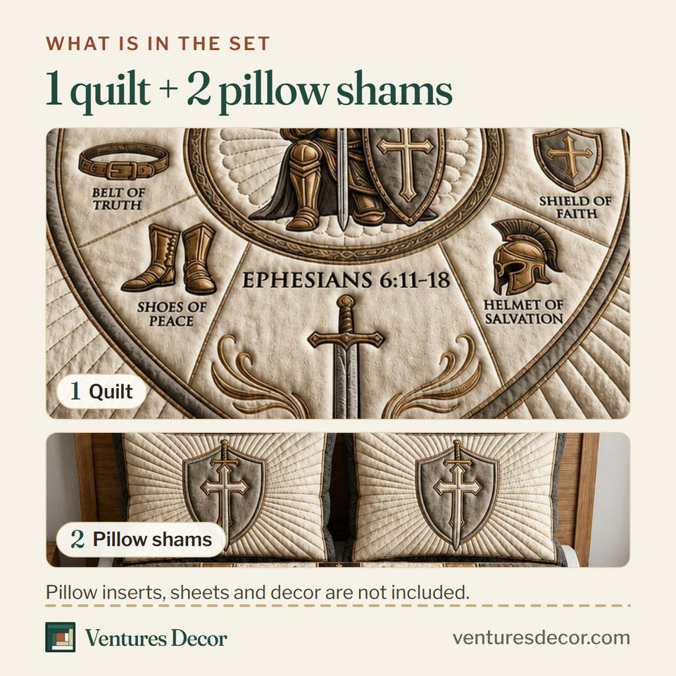 What is in the set: one quilt and two pillow shams, shown in the Armor Of God Cream Oval with a Praying Knight design