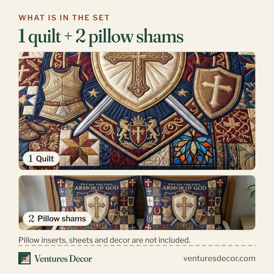 What is in the set: one quilt and two pillow shams, shown in the Armor Of God Golden Cross Shield with Helmet design
