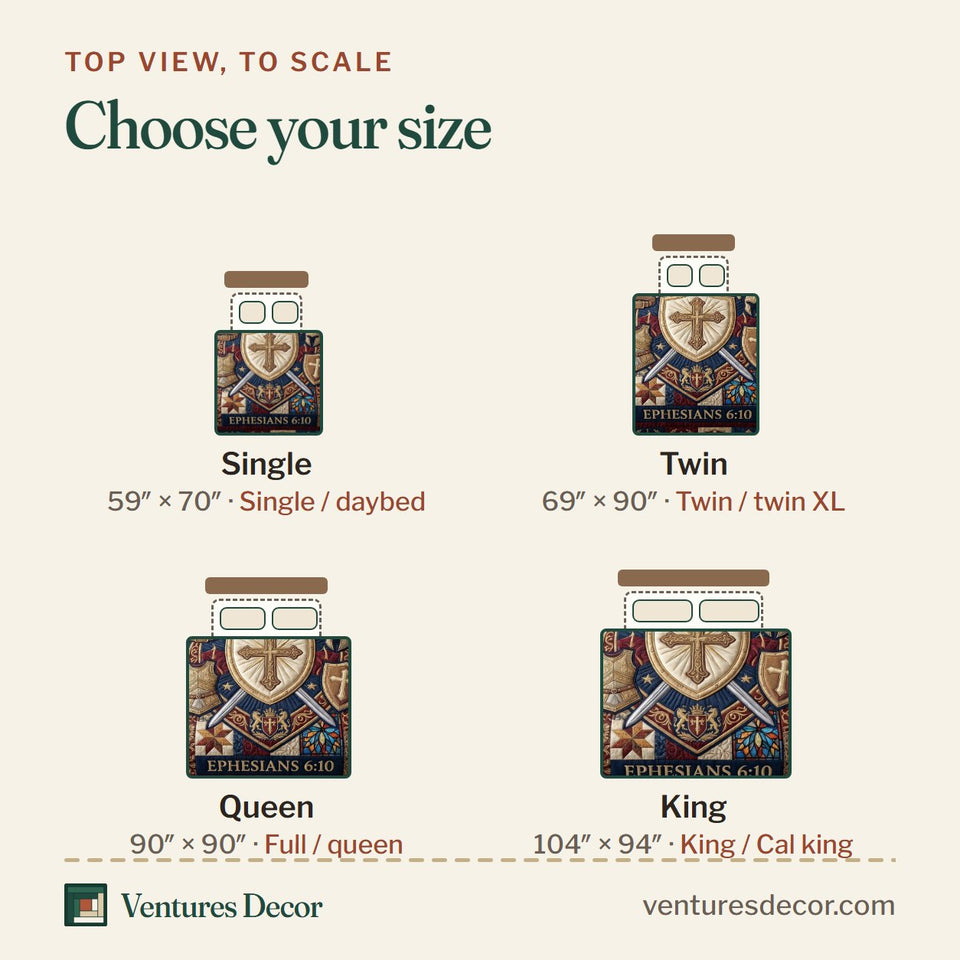 Size guide for the Armor Of God Golden Cross Shield with Helmet quilt, top view to scale: Single 59 x 70 in, Twin 69 x 90 in, Queen 90 x 90 in, King 104 x 94 in