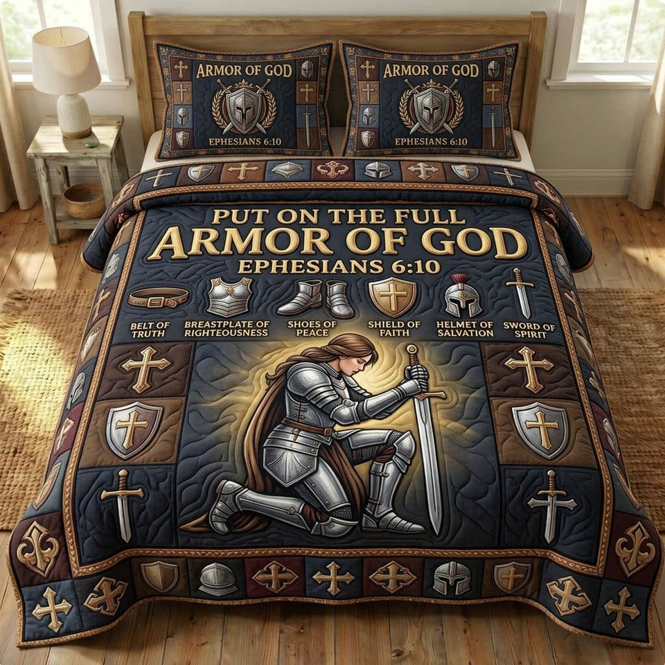 Armor Of God Kneeling Woman Warrior in Blue 3-Piece Quilted Bedding Set quilted 3-piece bedding set on a made bed in a softly lit bedroom