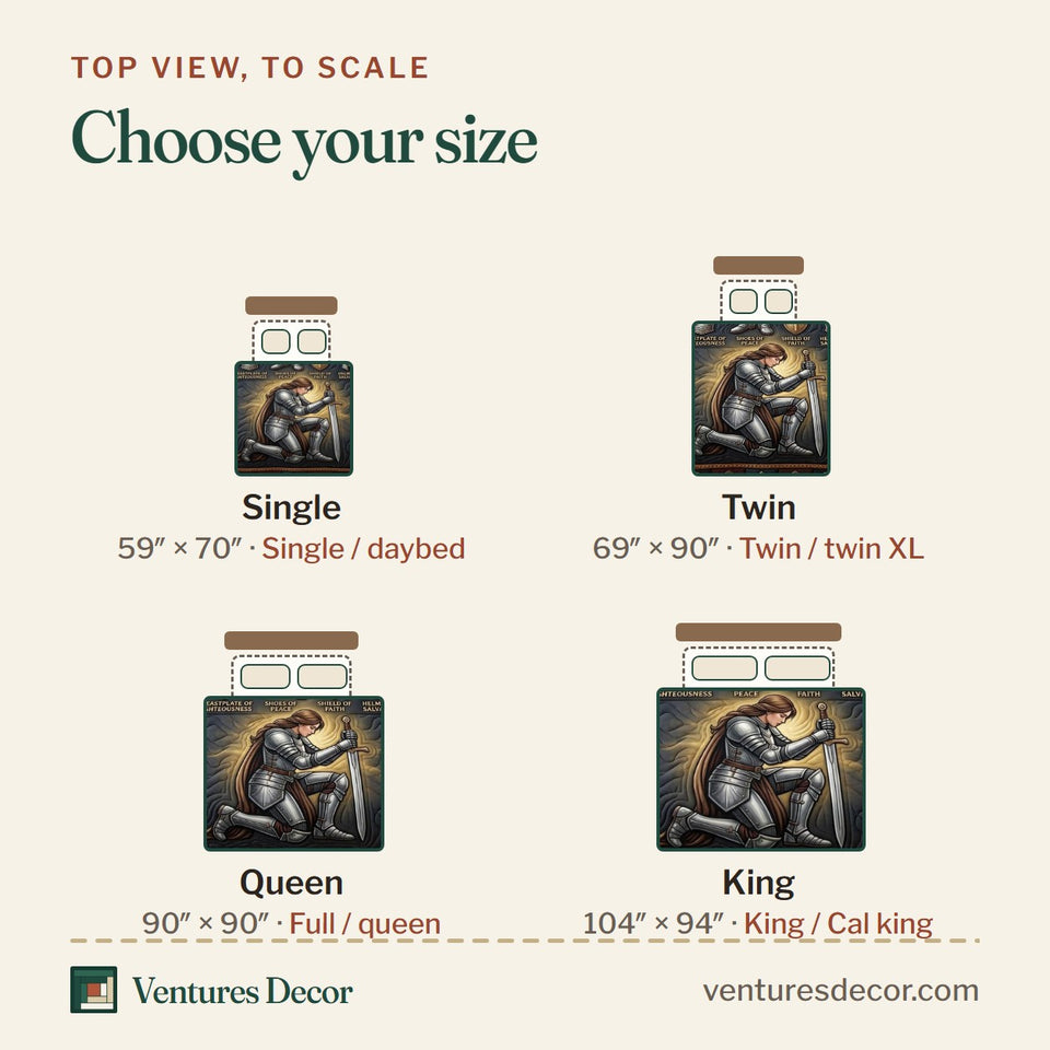 Size guide for the Armor Of God Kneeling Woman Warrior in Blue quilt, top view to scale: Single 59 x 70 in, Twin 69 x 90 in, Queen 90 x 90 in, King 104 x 94 in