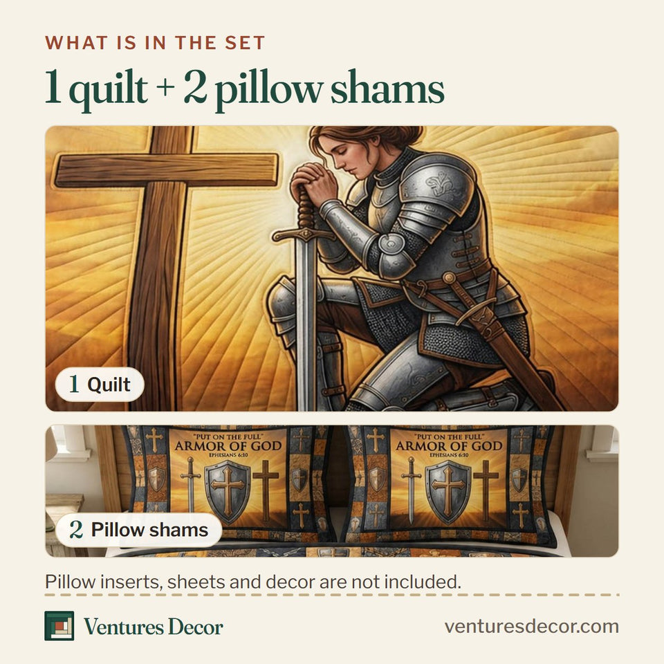 What is in the set: one quilt and two pillow shams, shown in the Armor Of God Knight Kneeling at Golden Sunset design