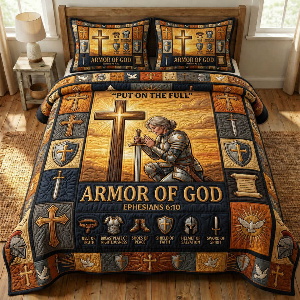 Armor Of God Knight Touching the Hilltop Cross quilted bedding set, quilt and two pillow shams on a made bed