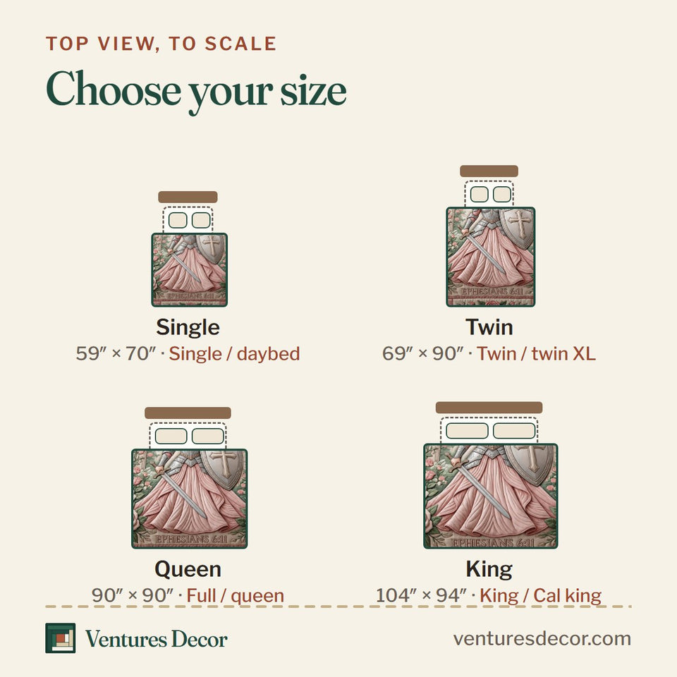 Size guide for the Armor Of God Maiden in a Pink Gown with Roses quilt, top view to scale: Single 59 x 70 in, Twin 69 x 90 in, Queen 90 x 90 in, King 104 x 94 in