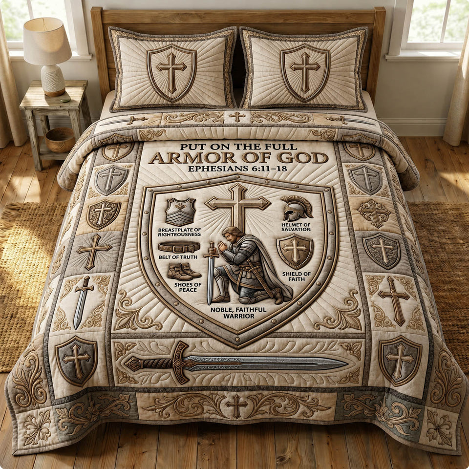 Armor Of God Noble Faithful Warrior in Cream quilted bedding set, quilt and two pillow shams on a made bed