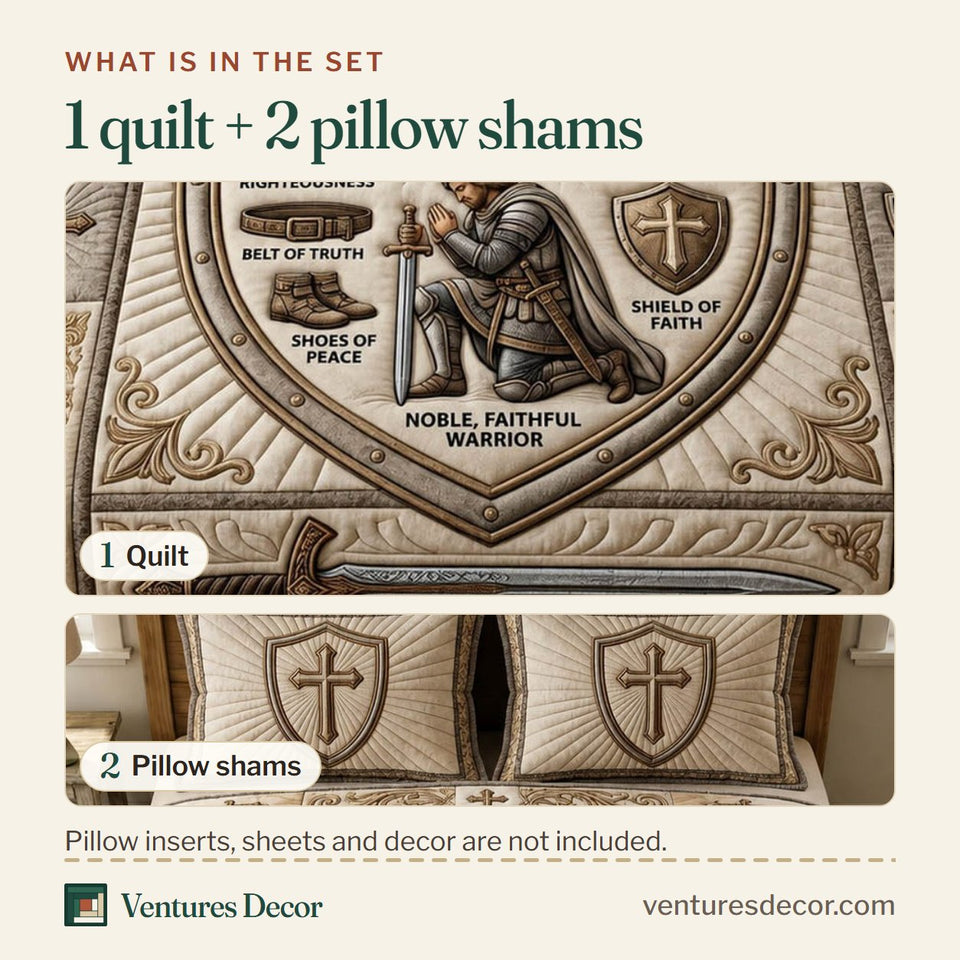 What is in the set: one quilt and two pillow shams, shown in the Armor Of God Noble Faithful Warrior in Cream design