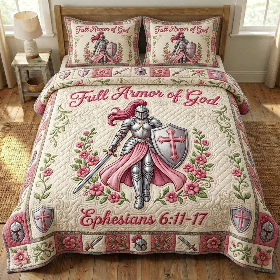 Armor Of God Rose Pink Woman Warrior quilted bedding set, quilt and two pillow shams on a made bed