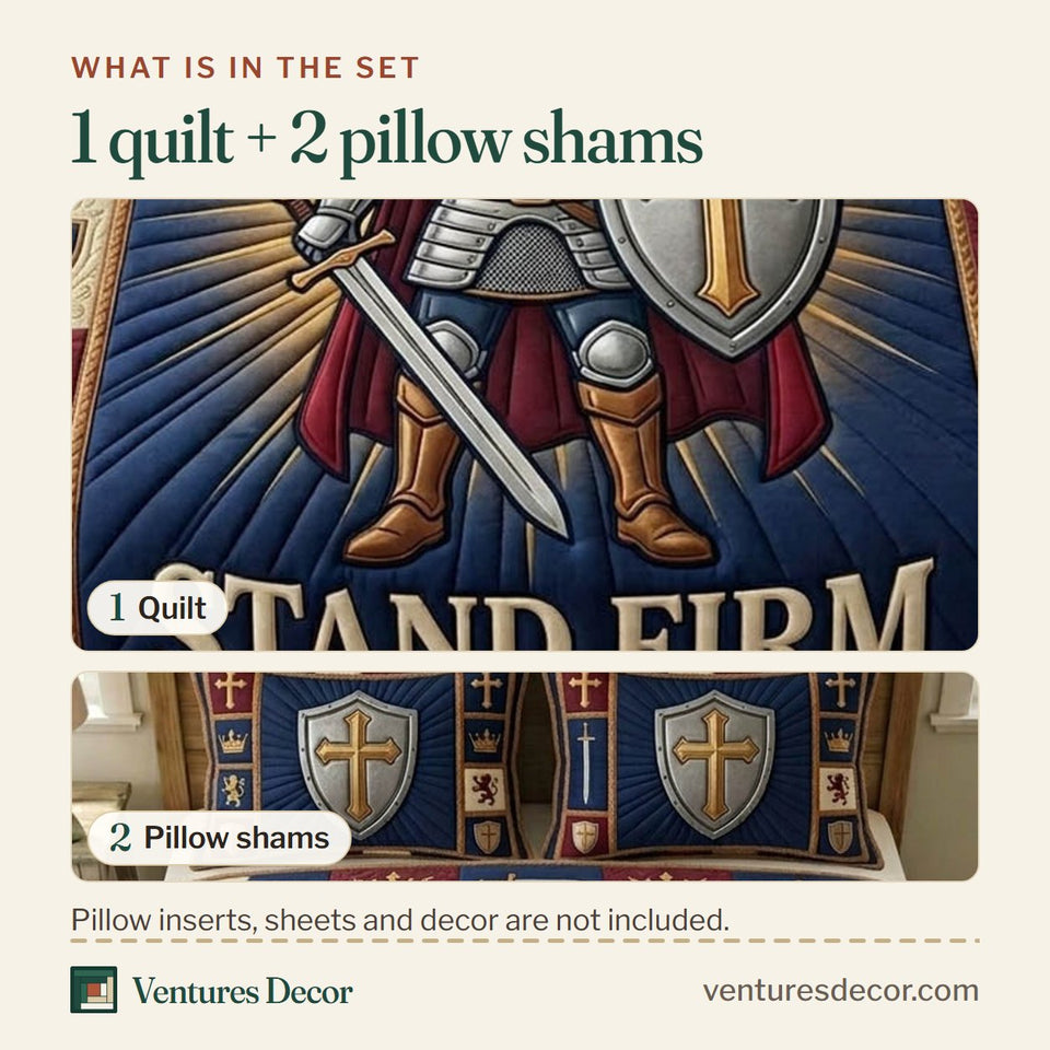 What is in the set: one quilt and two pillow shams, shown in the Armor Of God Stand Firm Knight on Blue Starburst design
