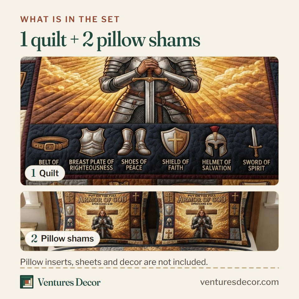 What is in the set: one quilt and two pillow shams, shown in the Armor Of God Standing Knight in Amber Light design