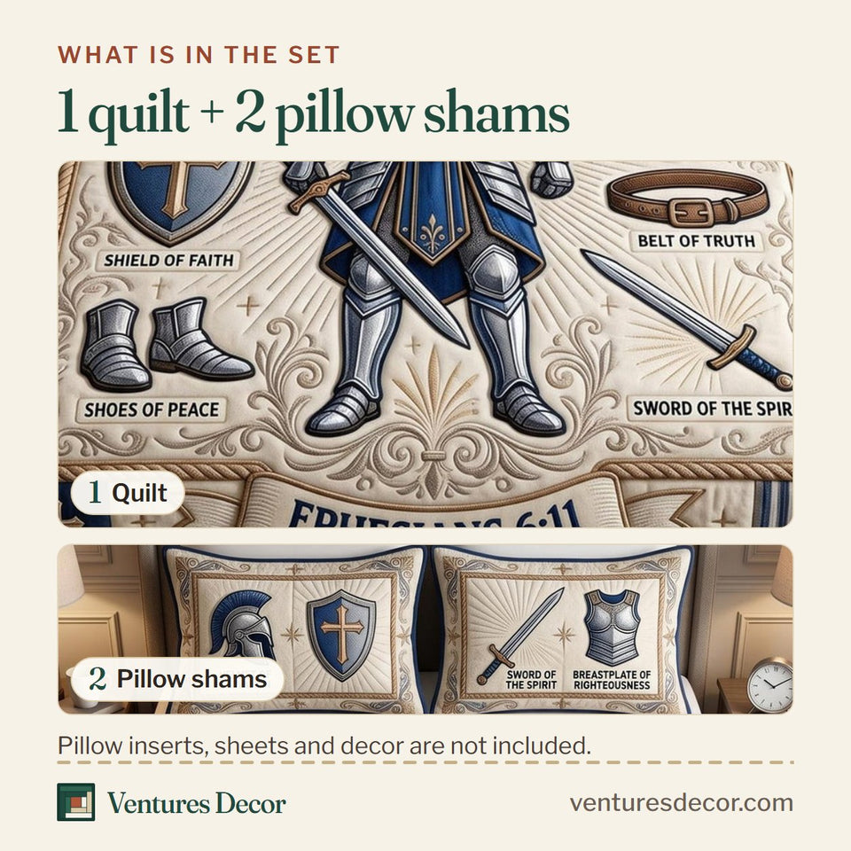 What is in the set: one quilt and two pillow shams, shown in the Armor Of God Standing Knight on Navy Plaid design