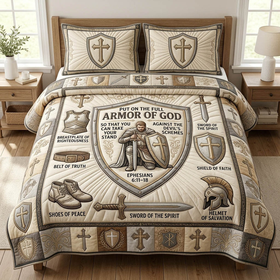 Armor Of God Taupe Panel with a Centered Shield quilted bedding set, quilt and two pillow shams on a made bed