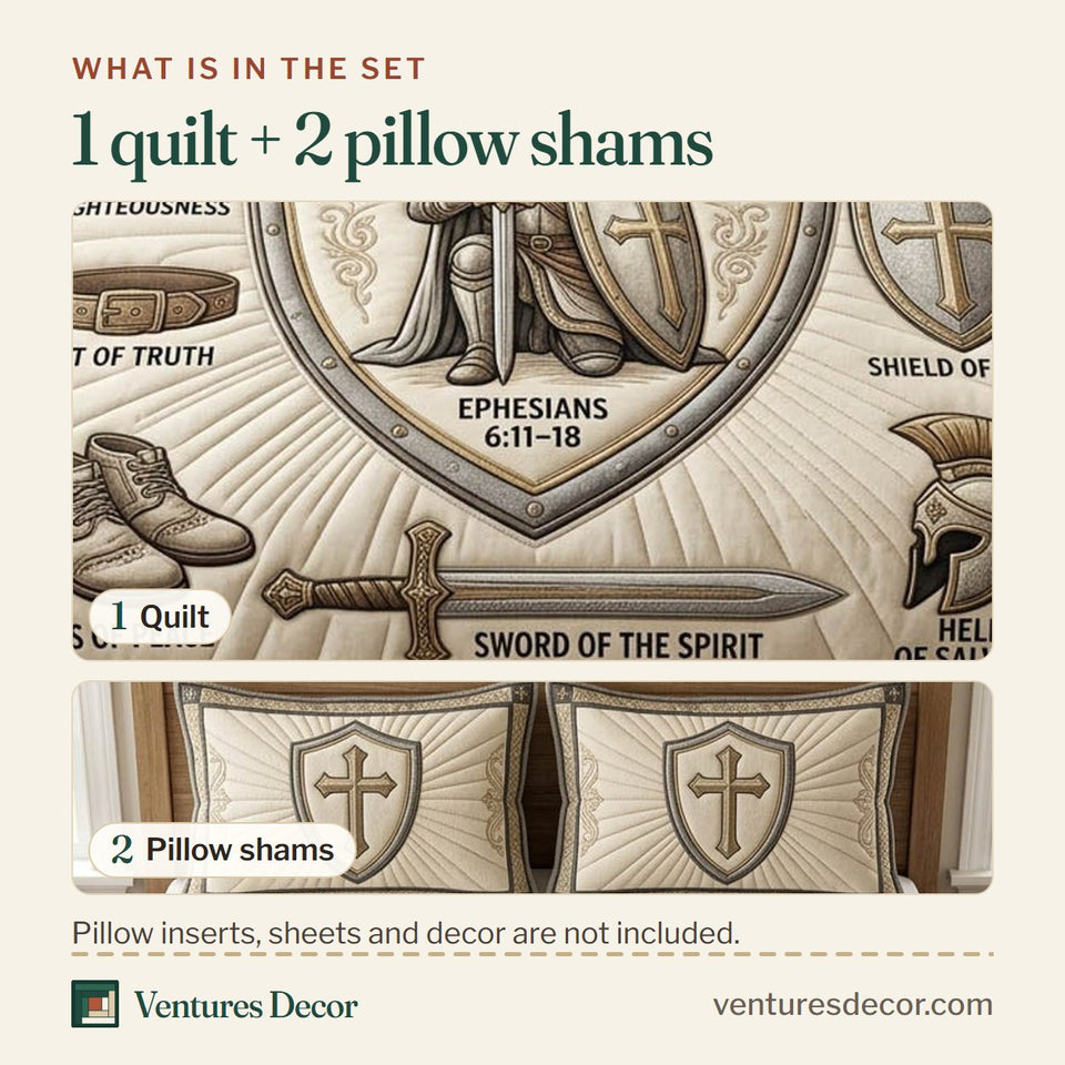 What is in the set: one quilt and two pillow shams, shown in the Armor Of God Taupe Panel with a Centered Shield design
