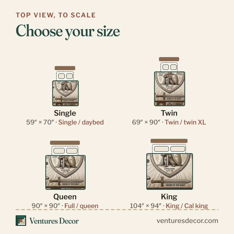 Size guide for the Armor Of God Taupe Panel with a Centered Shield quilt, top view to scale: Single 59 x 70 in, Twin 69 x 90 in, Queen 90 x 90 in, King 104 x 94 in