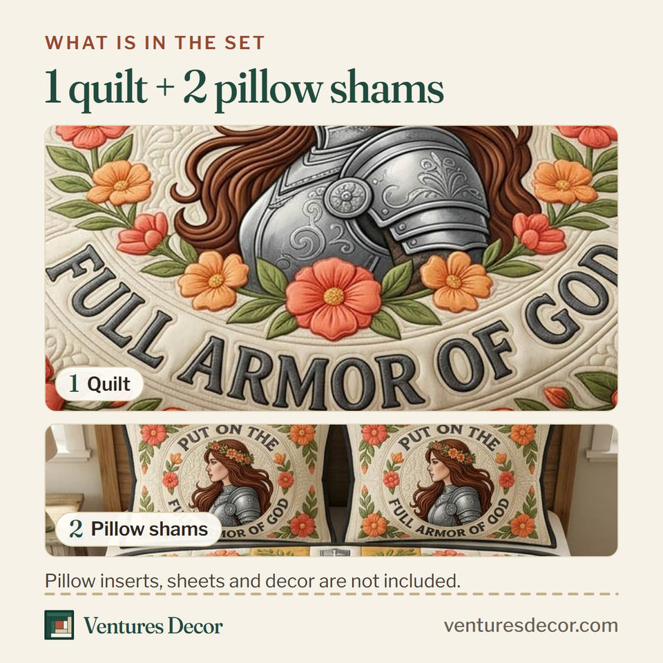 What is in the set: one quilt and two pillow shams, shown in the Armor Of God Woman Warrior in an Orange Flower Wreath design