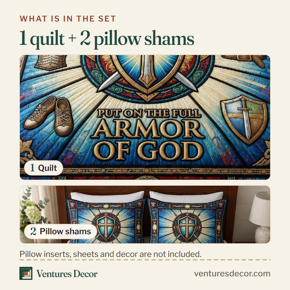 What is in the set: one quilt and two pillow shams, shown in the Armor Strength Stained Glass Shield in Blue design