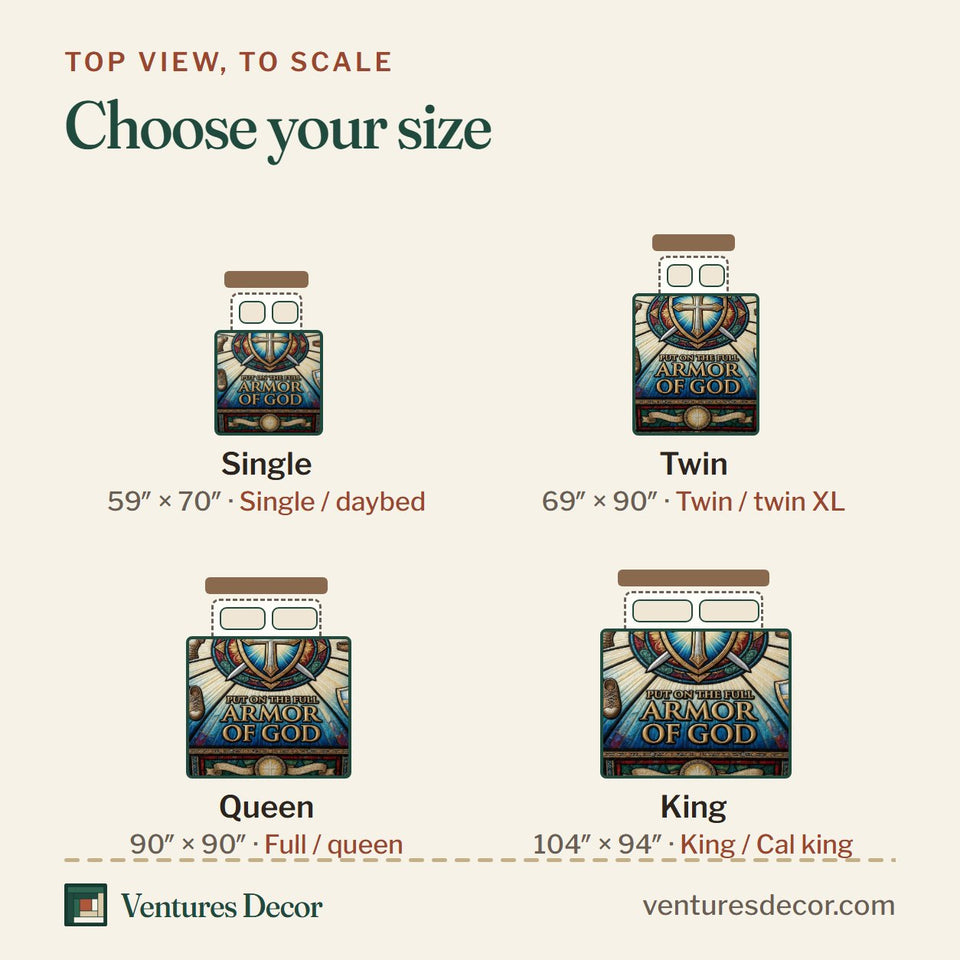 Size guide for the Armor Strength Stained Glass Shield in Blue quilt, top view to scale: Single 59 x 70 in, Twin 69 x 90 in, Queen 90 x 90 in, King 104 x 94 in