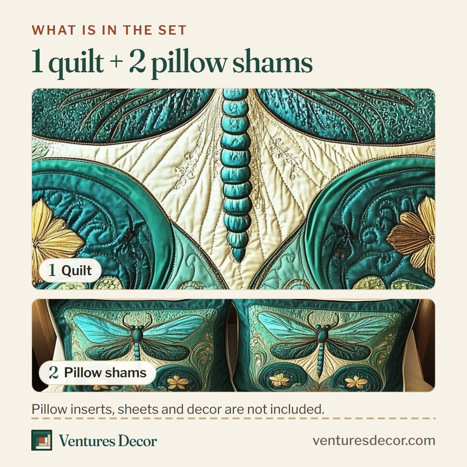 What is in the set: one quilt and two pillow shams, shown in the Art Nouveau Dragonfly design