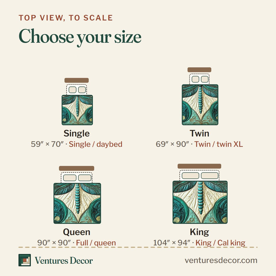 Size guide for the Art Nouveau Dragonfly quilt, top view to scale: Single 59 x 70 in, Twin 69 x 90 in, Queen 90 x 90 in, King 104 x 94 in