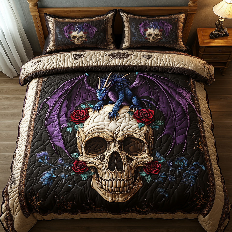 Ashes of Eternity quilted bedding set, quilt and two pillow shams on a made bed