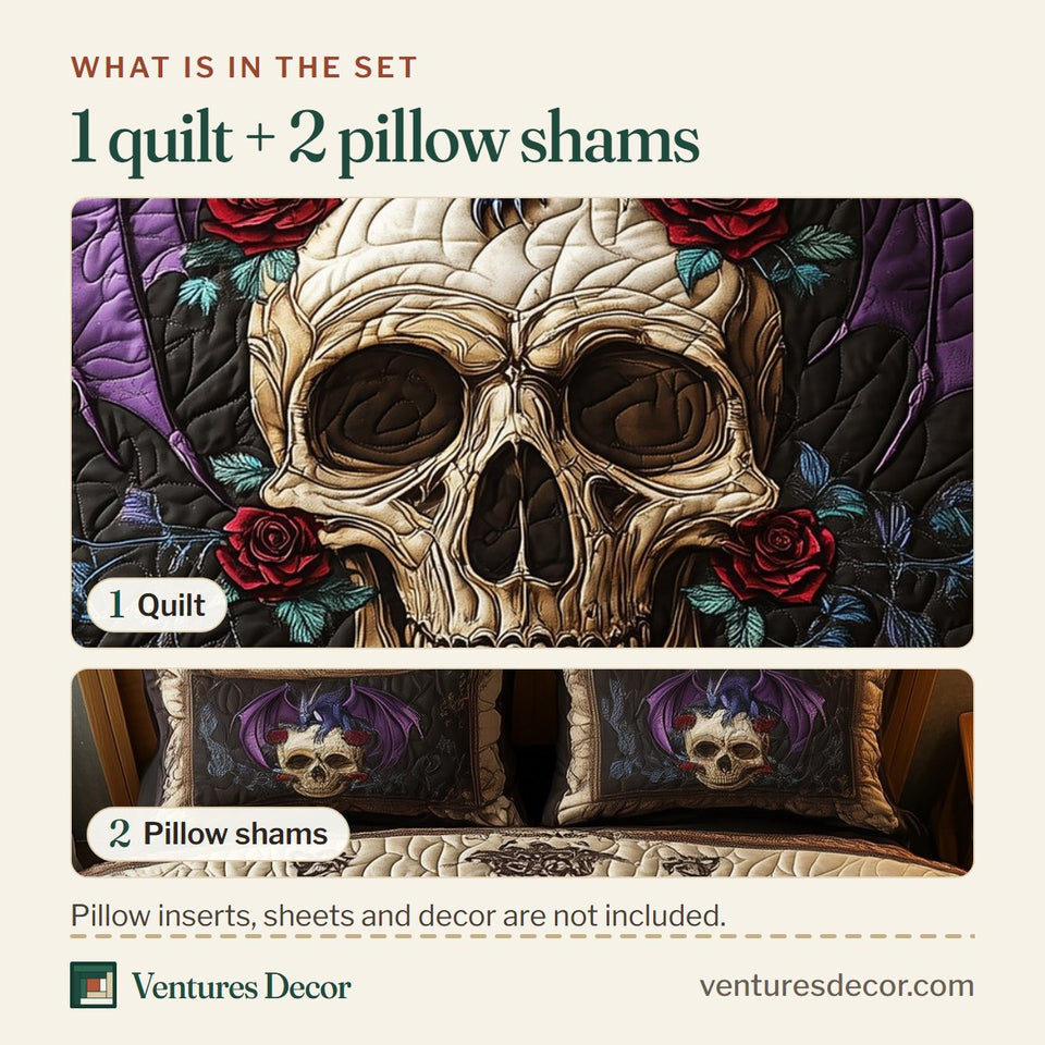 What is in the set: one quilt and two pillow shams, shown in the Ashes of Eternity design