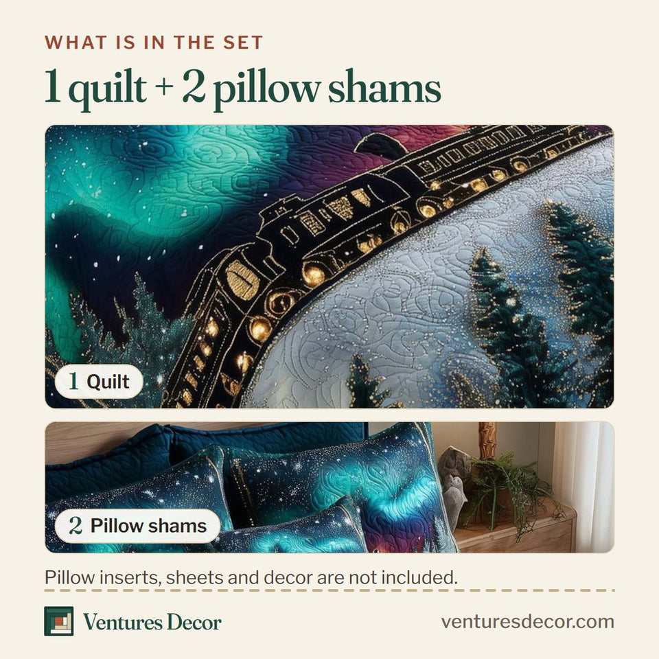 What is in the set: one quilt and two pillow shams, shown in the Aurora Borealis Train Beneath The Lights design