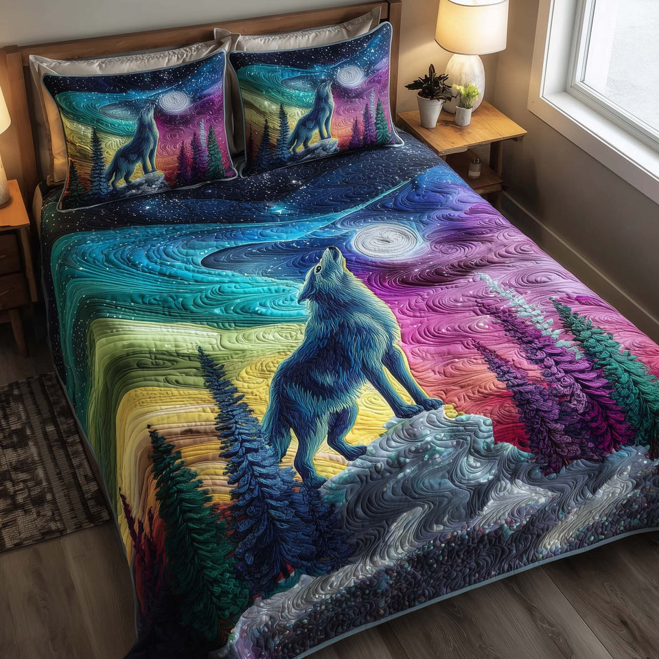 Aurora Borealis Wolf Howling On The Ridge quilted bedding set, quilt and two pillow shams on a made bed