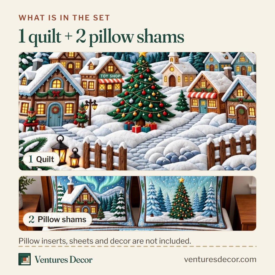 What is in the set: one quilt and two pillow shams, shown in the Aurora Christmas design