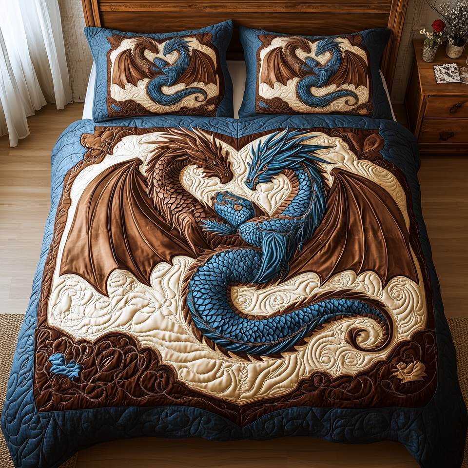 Aurora Dragon Heart Embrace quilted bedding set, quilt and two pillow shams on a made bed