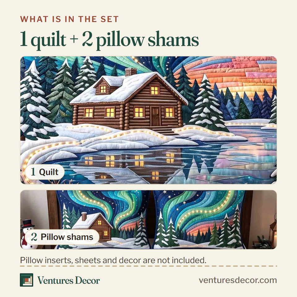 What is in the set: one quilt and two pillow shams, shown in the Aurora Glow Lodge design