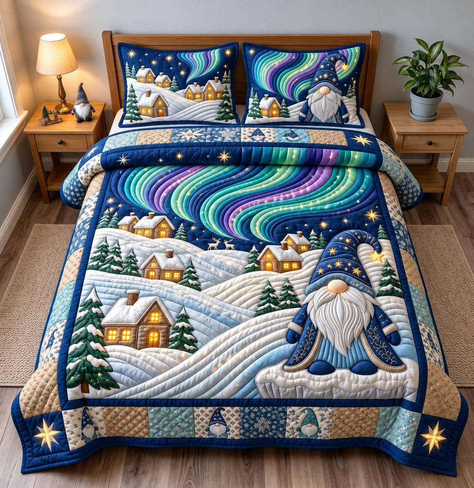 Aurora Gnome Night quilted bedding set, quilt and two pillow shams on a made bed