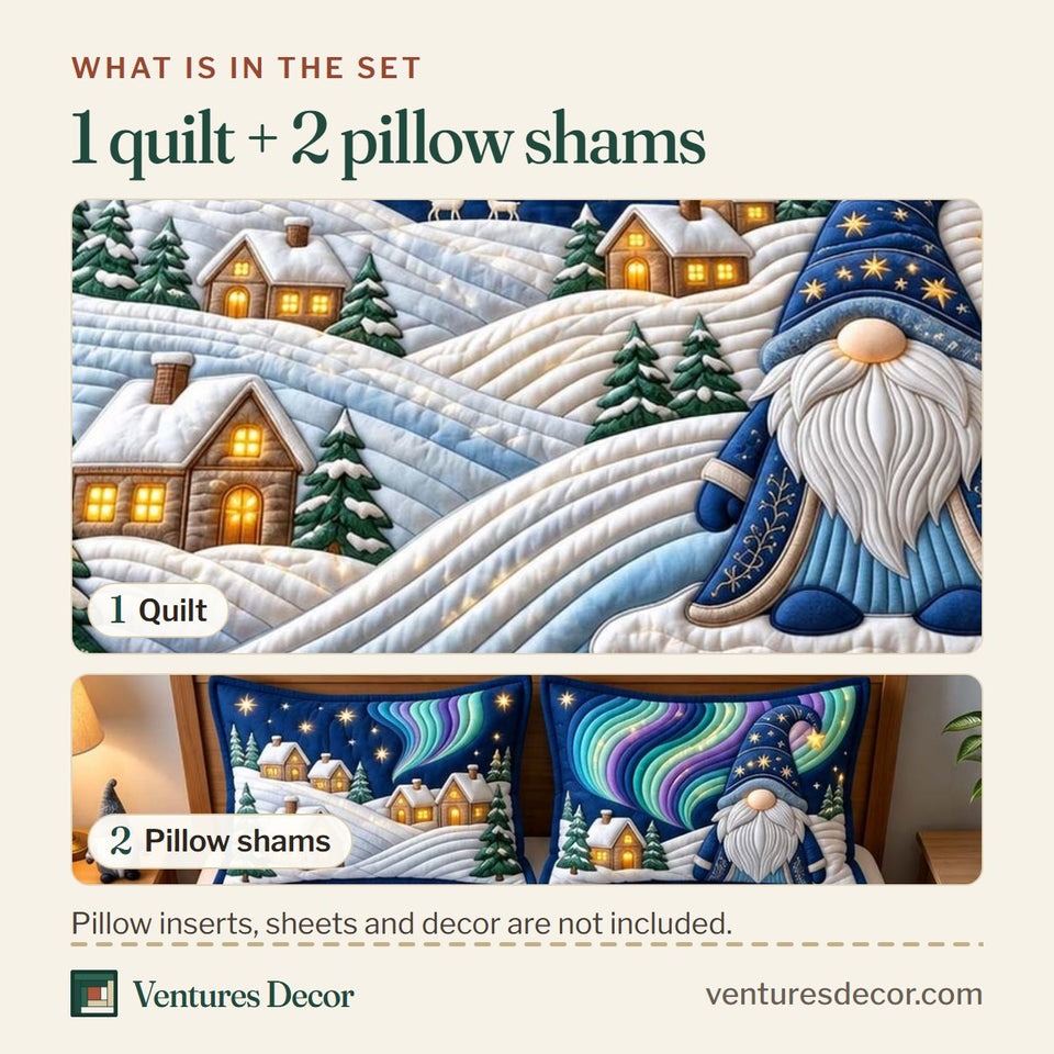 What is in the set: one quilt and two pillow shams, shown in the Aurora Gnome Night Quilt Set, 3-Piece Quilted Bedding with 2 Pillow Shams design