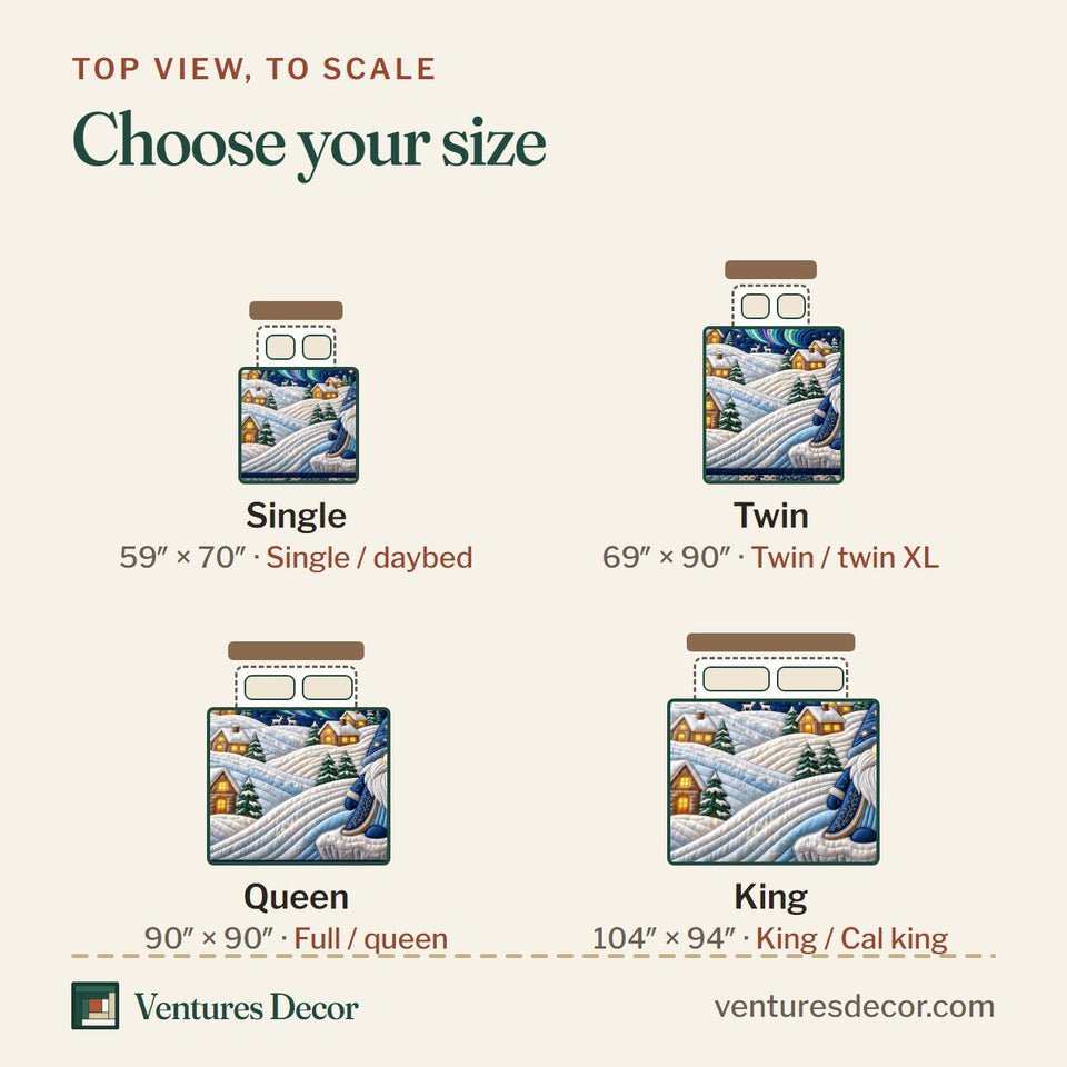 Size guide for the Aurora Gnome Night Quilt Set, 3-Piece Quilted Bedding with 2 Pillow Shams quilt, top view to scale: Single 59 x 70 in, Twin 69 x 90 in, Queen 90 x 90 in, King 104 x 94 in