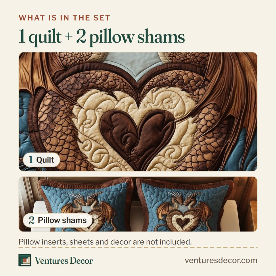 What is in the set: one quilt and two pillow shams, shown in the Aurora of Dragons Blue and Brown Pair Around a Cream Heart design