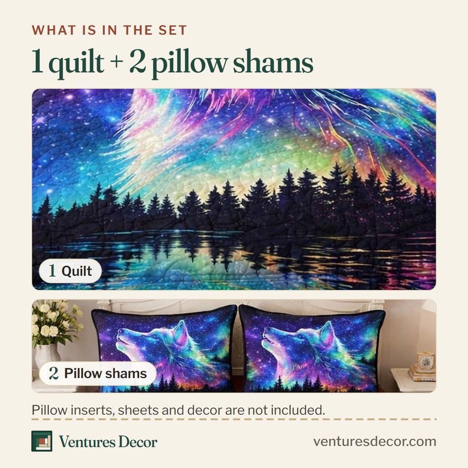 What is in the set: one quilt and two pillow shams, shown in the Aurora Wolf Howl design