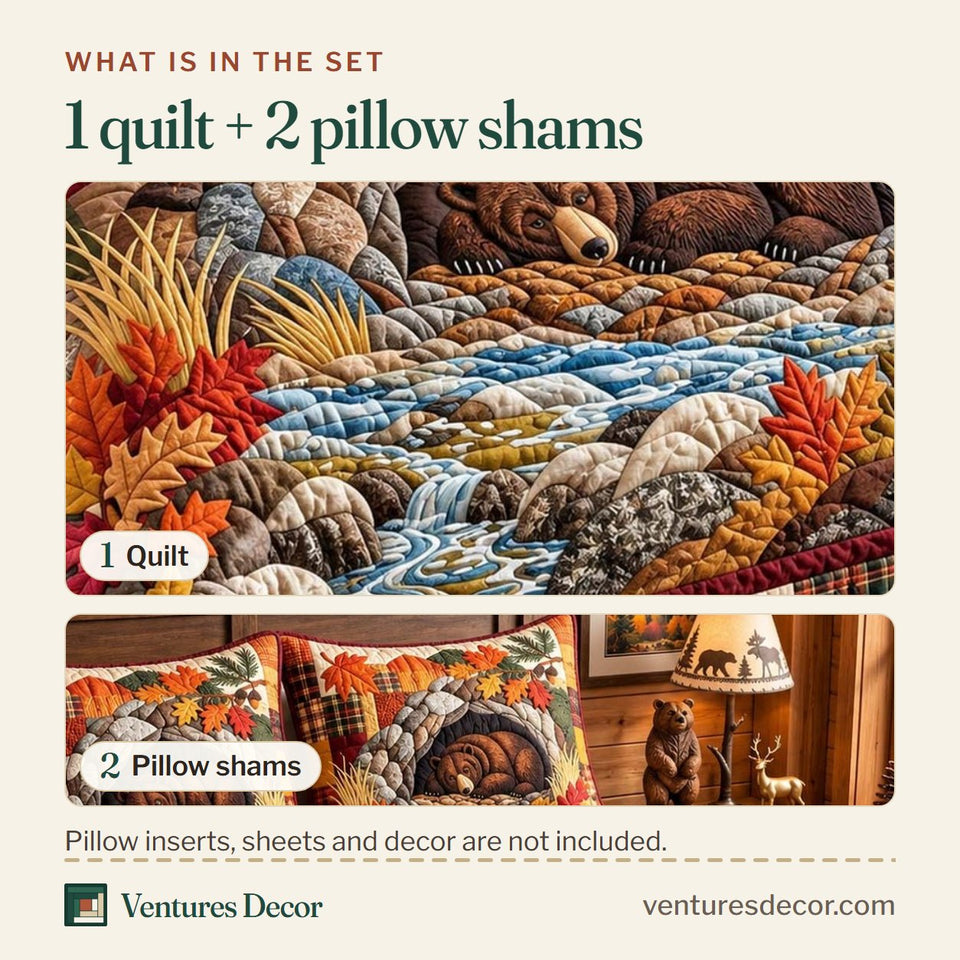 What is in the set: one quilt and two pillow shams, shown in the Autumn Bear Cave design