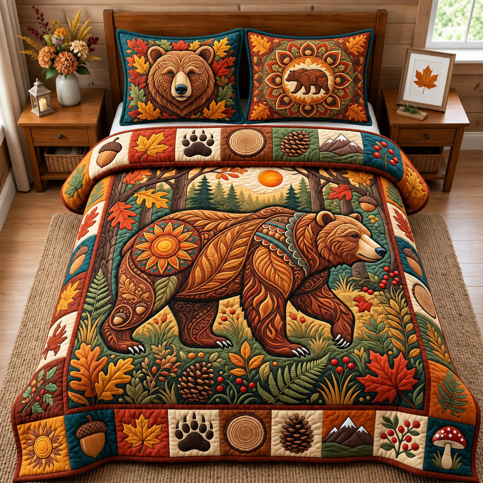 Autumn Boho Bear quilted bedding set, quilt and two pillow shams on a made bed