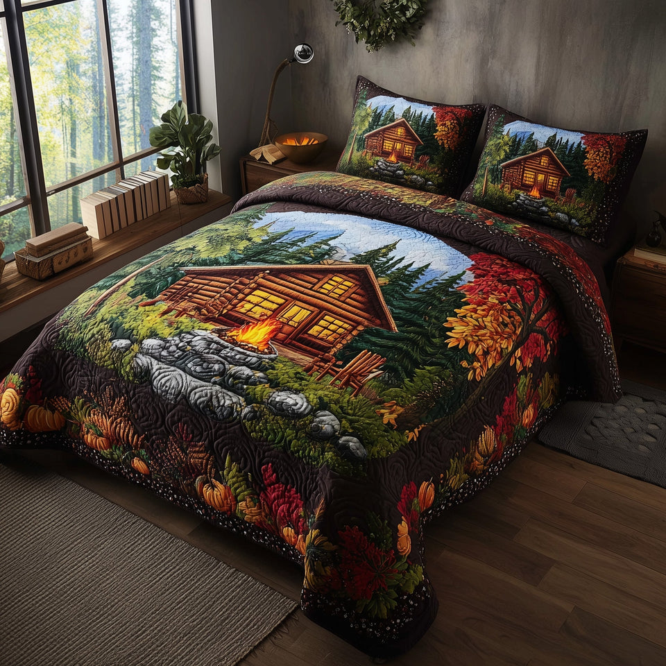 Autumn Cabin Glow Lit Windows In The Firs quilted bedding set, quilt and two pillow shams on a made bed