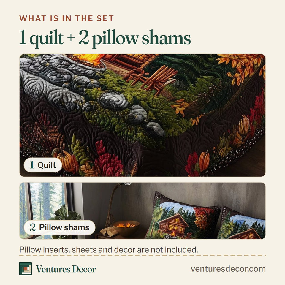 What is in the set: one quilt and two pillow shams, shown in the Autumn Cabin Glow Lit Windows In The Firs design