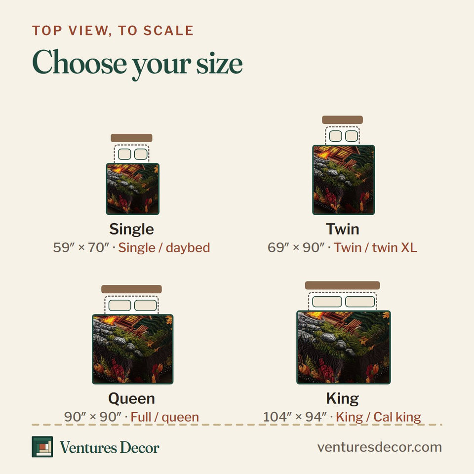 Size guide for the Autumn Cabin Glow Lit Windows In The Firs quilt, top view to scale: Single 59 x 70 in, Twin 69 x 90 in, Queen 90 x 90 in, King 104 x 94 in
