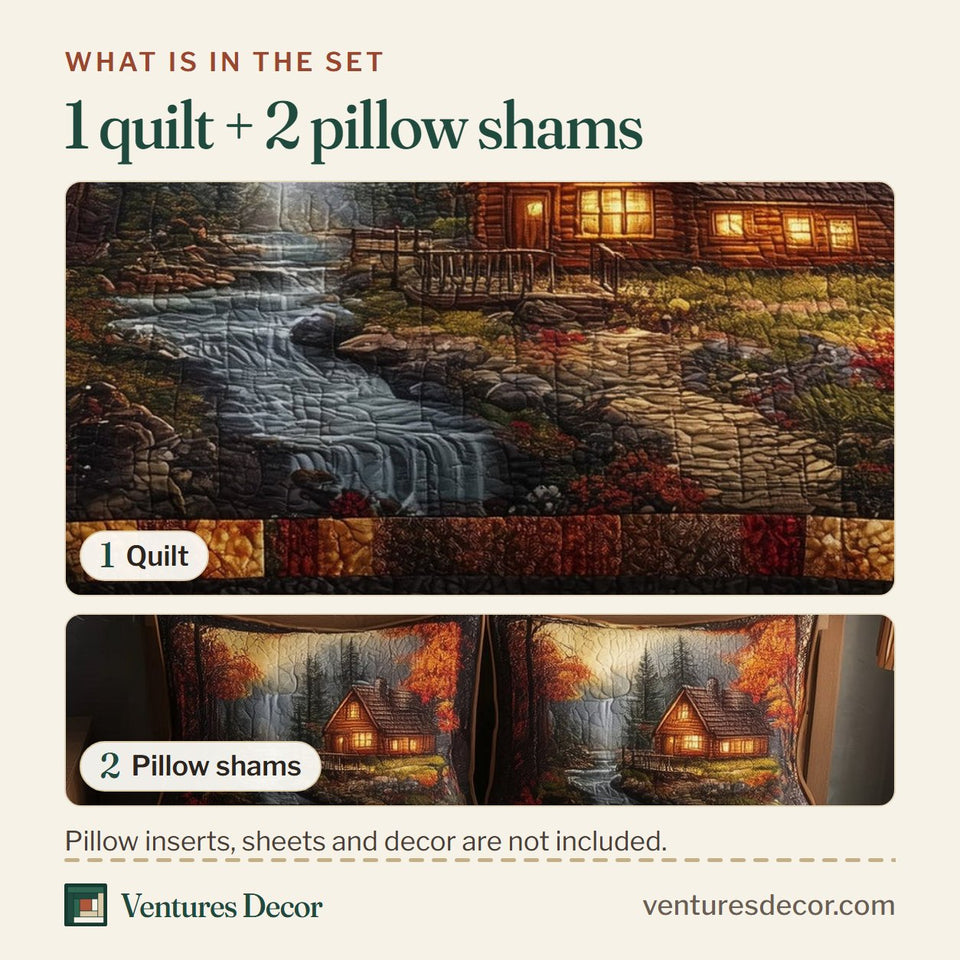 What is in the set: one quilt and two pillow shams, shown in the Autumn Cabin Misty Stream Through the Pines design