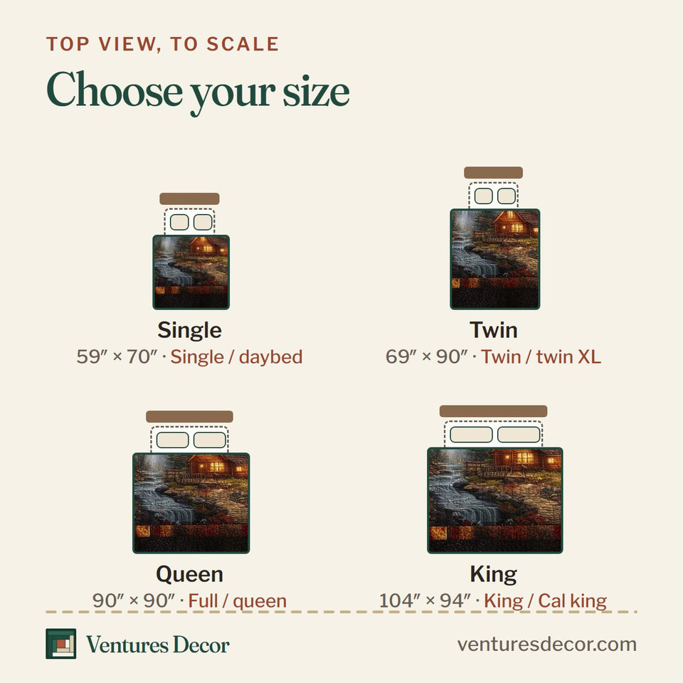 Size guide for the Autumn Cabin Misty Stream Through the Pines quilt, top view to scale: Single 59 x 70 in, Twin 69 x 90 in, Queen 90 x 90 in, King 104 x 94 in