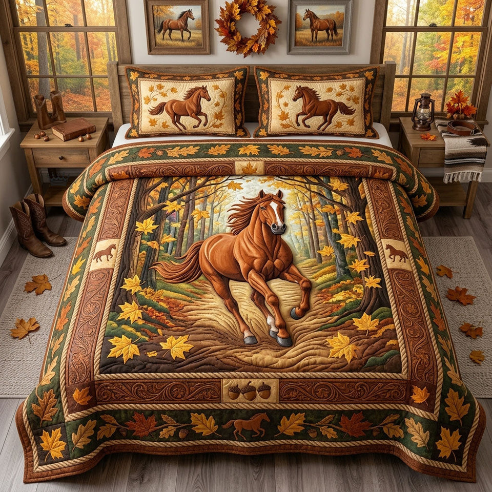 Autumn Escape Horse quilted bedding set, quilt and two pillow shams on a made bed