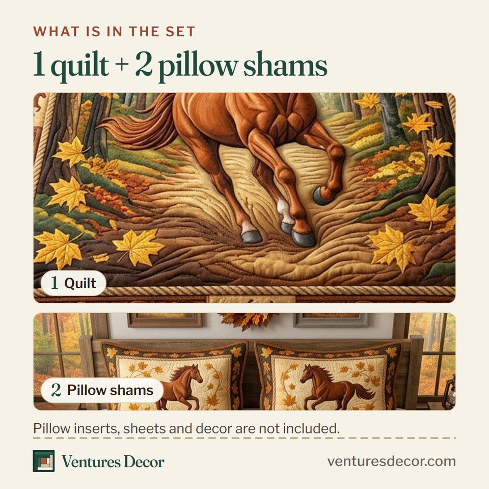 What is in the set: one quilt and two pillow shams, shown in the Autumn Escape Horse design