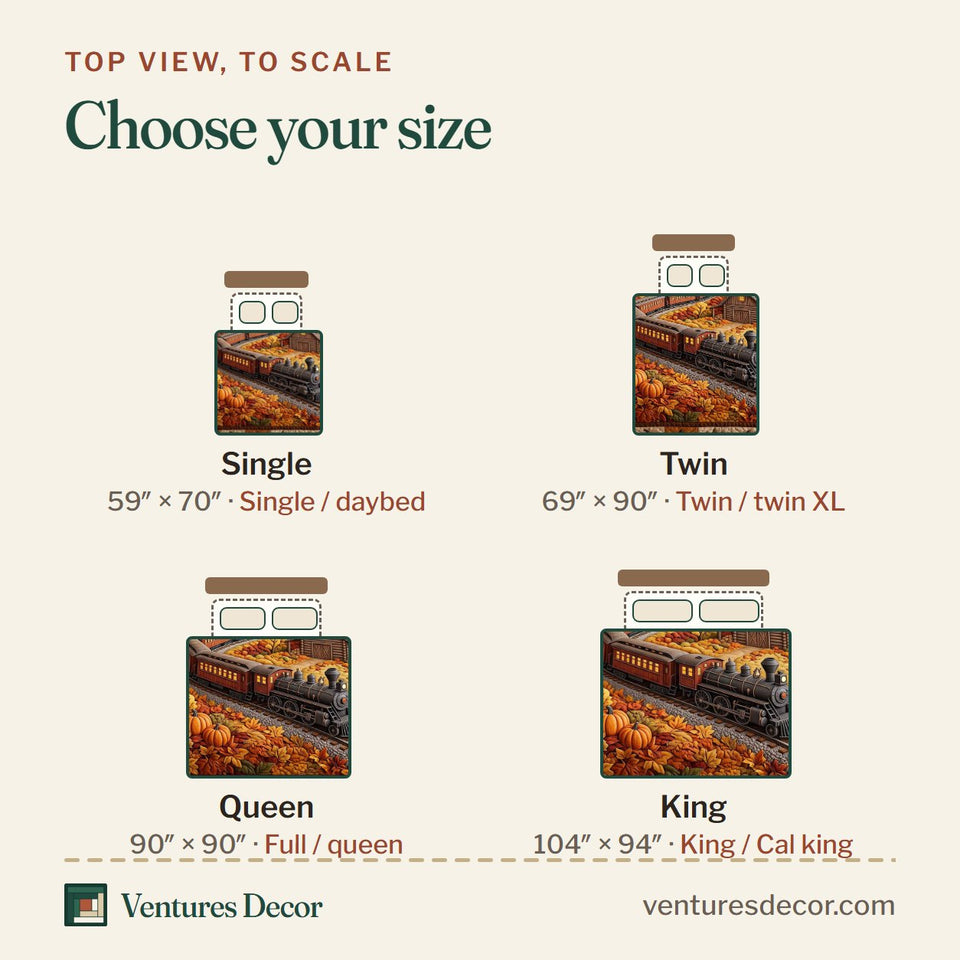 Size guide for the Autumn Express Train Winding Through the Hills quilt, top view to scale: Single 59 x 70 in, Twin 69 x 90 in, Queen 90 x 90 in, King 104 x 94 in
