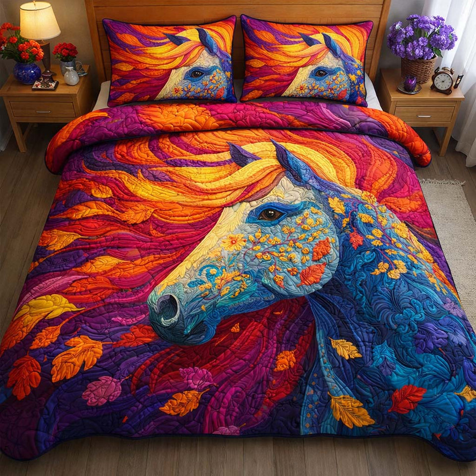Autumn Flame Mustang quilted bedding set, quilt and two pillow shams on a made bed